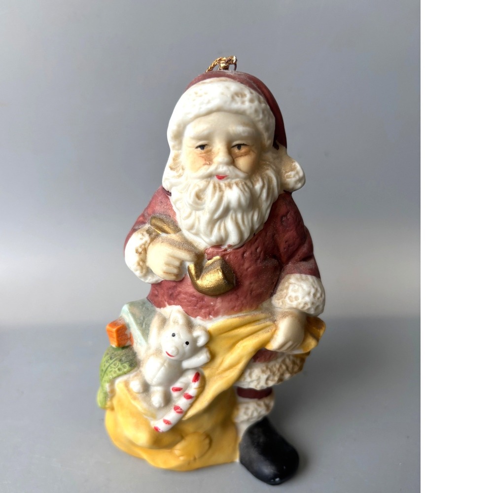 Vintage Santa Claus Ceramic Christmas Ornament Pipe Toy Bag 5 inch